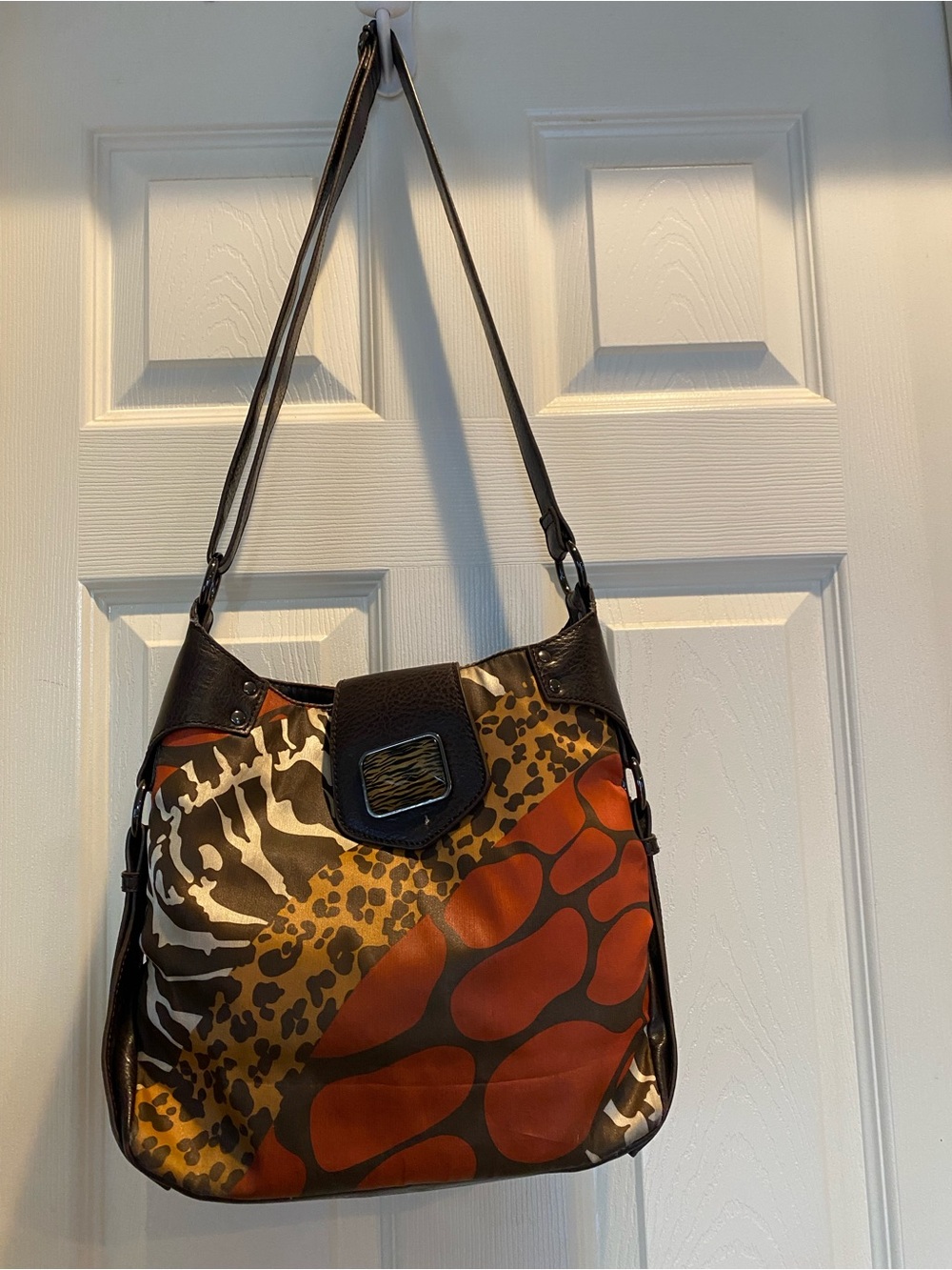 Relic Brown and Orange Patchwork-Print Shoulder Bag